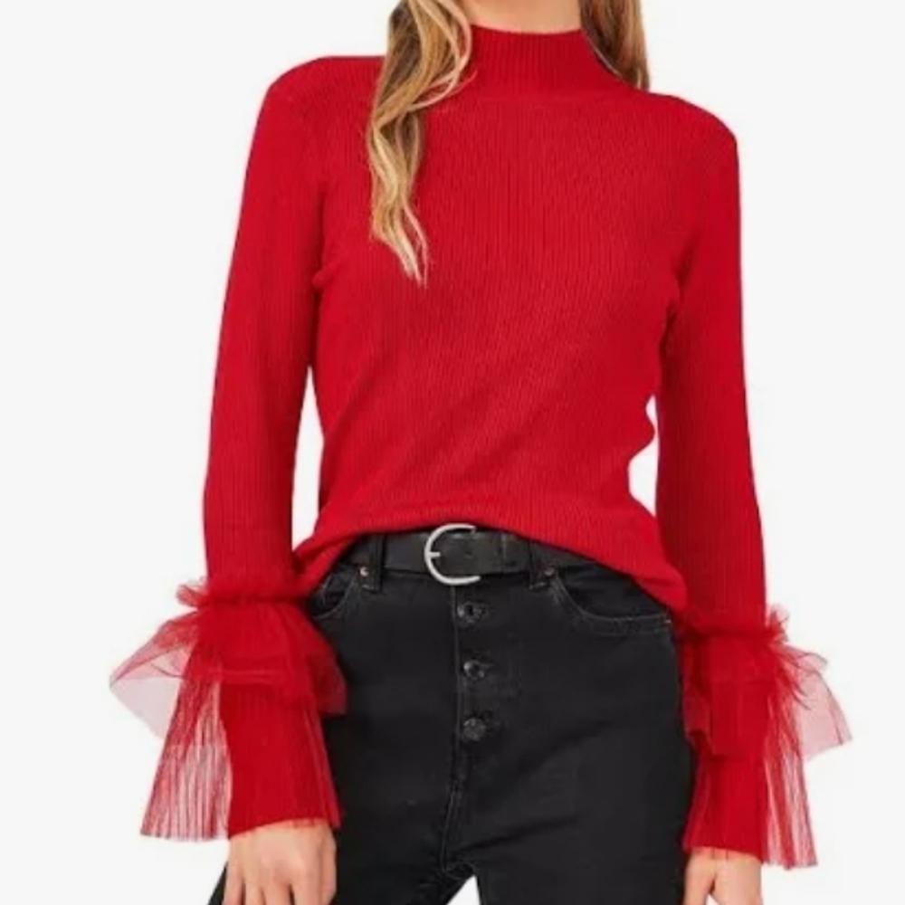 NEW Vince Camuto Red Ribbed Knit Mock Neck Tulle Ruffle Cuff Pullover Sweater